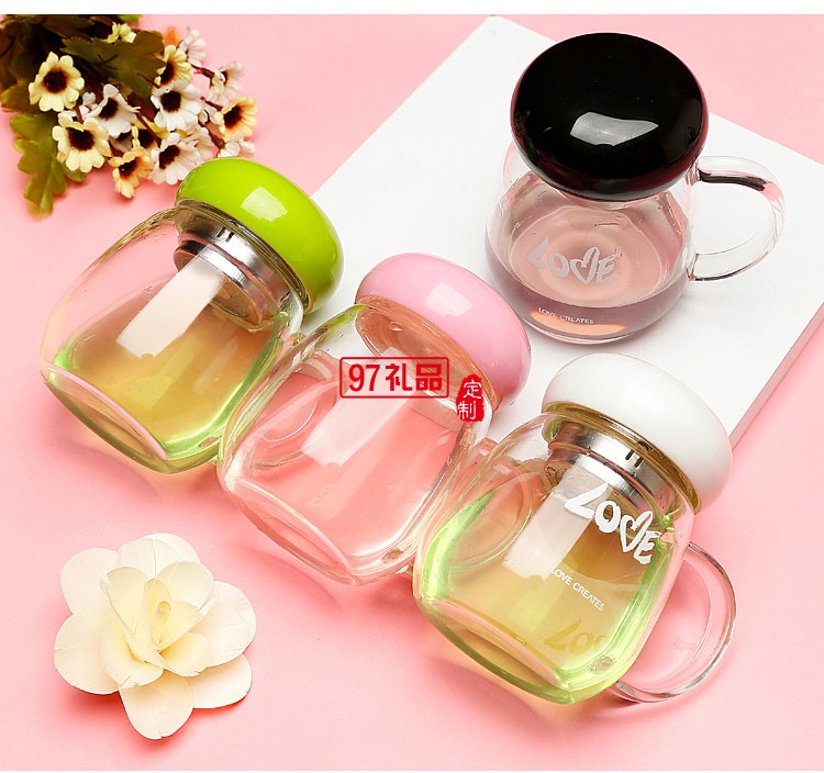 簡約花茶杯 時尚把手玻璃杯 創意隨手杯鷹速國際定制