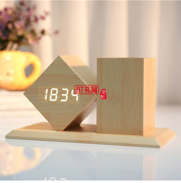 聲控鬧鐘LED木鐘創(chuàng)意筆筒時(shí)尚禮品中國(guó)銀行定制可定制logo