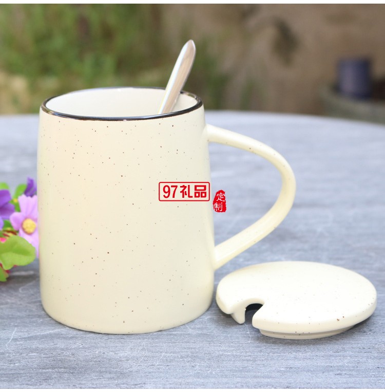 創意色釉陶瓷杯 帶勺子帶蓋子馬克杯 大容量早餐牛奶杯可印logo