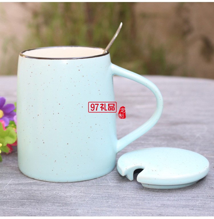 創意色釉陶瓷杯 帶勺子帶蓋子馬克杯 大容量早餐牛奶杯可印logo
