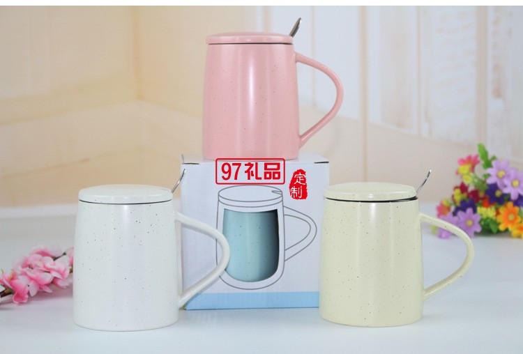 創意色釉陶瓷杯 帶勺子帶蓋子馬克杯 大容量早餐牛奶杯可印logo