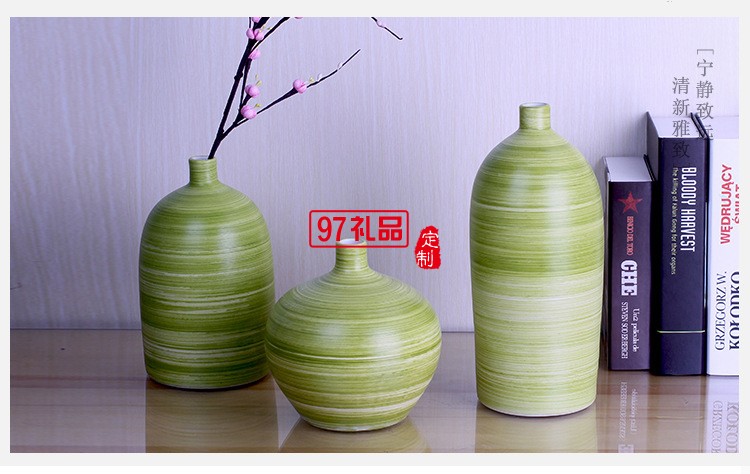 景德鎮陶瓷花瓶手工現代綠色螺紋陶藝裝飾工藝品擺件三件套