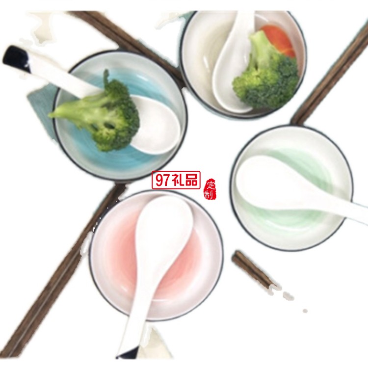 漸變色手繪餐具陶瓷碗陶瓷勺子隨手禮女神節禮品銀行禮品