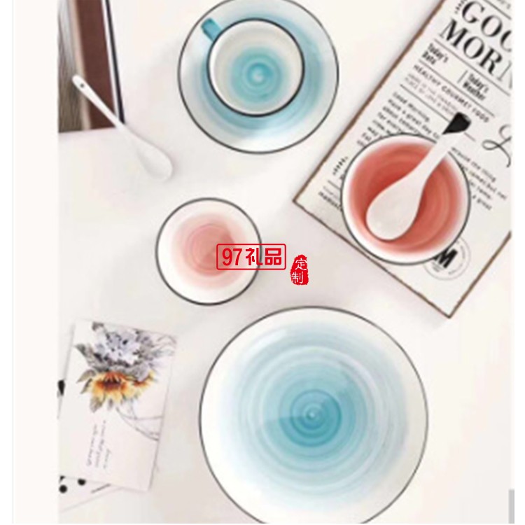 漸變色手繪餐具陶瓷碗陶瓷勺子隨手禮女神節禮品銀行禮品