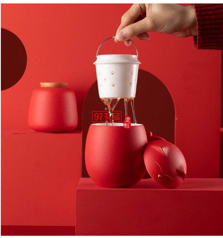 招財貓陶瓷馬克杯創意茶杯帶蓋辦公室泡茶杯子過濾杯卡通端午禮品