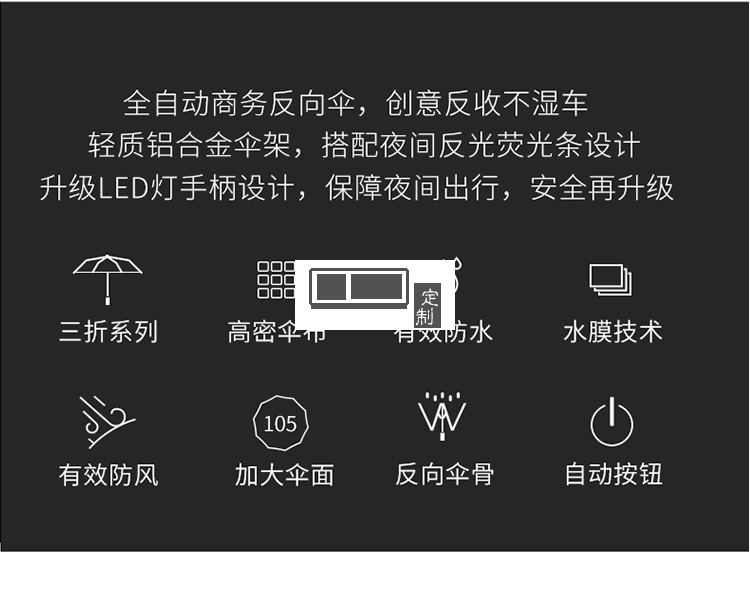 商務車載反向折疊傘LED燈電筒全自動傘反光可定制LOGO