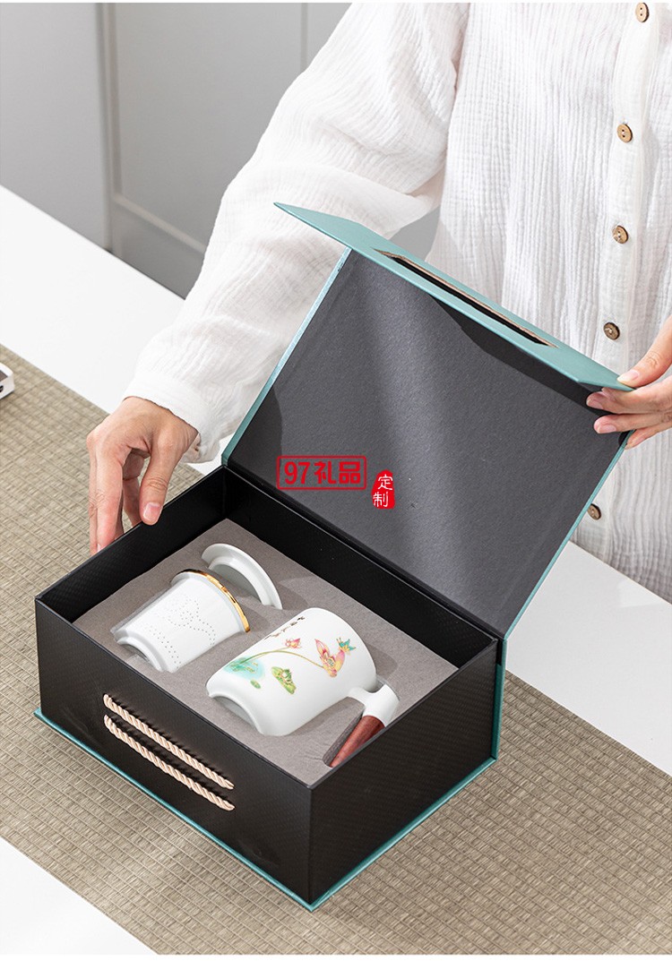 中海物業定制 羊脂玉陶瓷杯套裝辦公茶水過濾杯 可定制logo