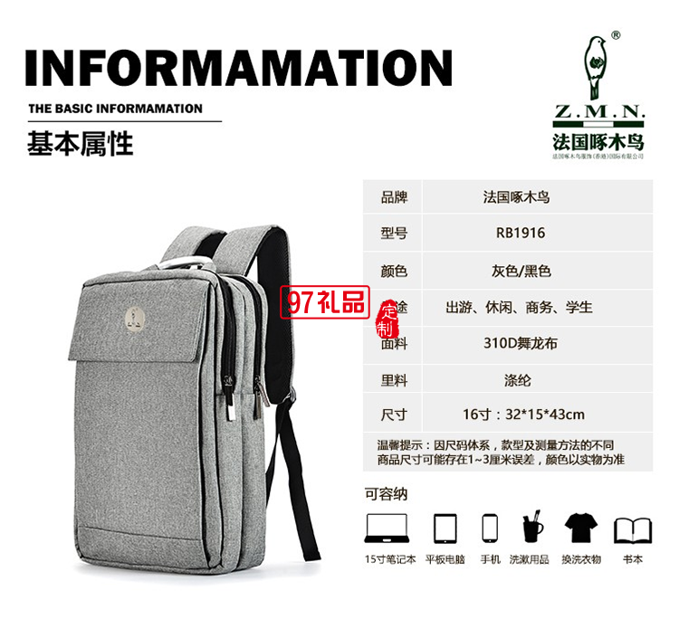 啄木鳥經典商務電腦背包-龍利ZRB-1916