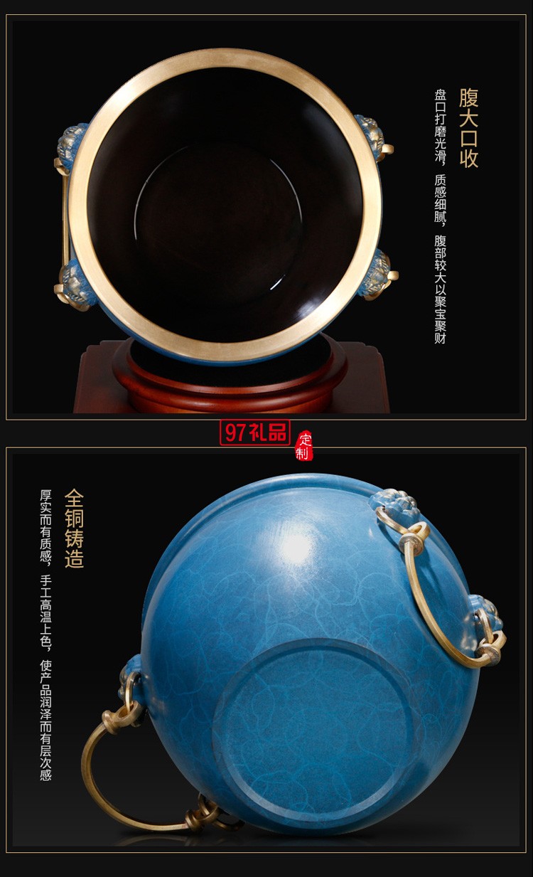 聚財純銅聚寶盆招財擺件商務 辦公室創意禮品黃銅金屬工藝品