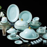 陶瓷餐具景德鎮青玉瓷手繪金邊碗碟套裝白瓷家用禮品定制青瓷套碗