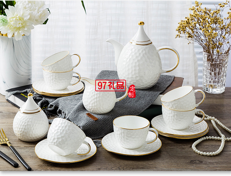 描金陶瓷咖啡具景德鎮西式高檔骨瓷杯碟15頭套裝禮品批發定制LOGO
