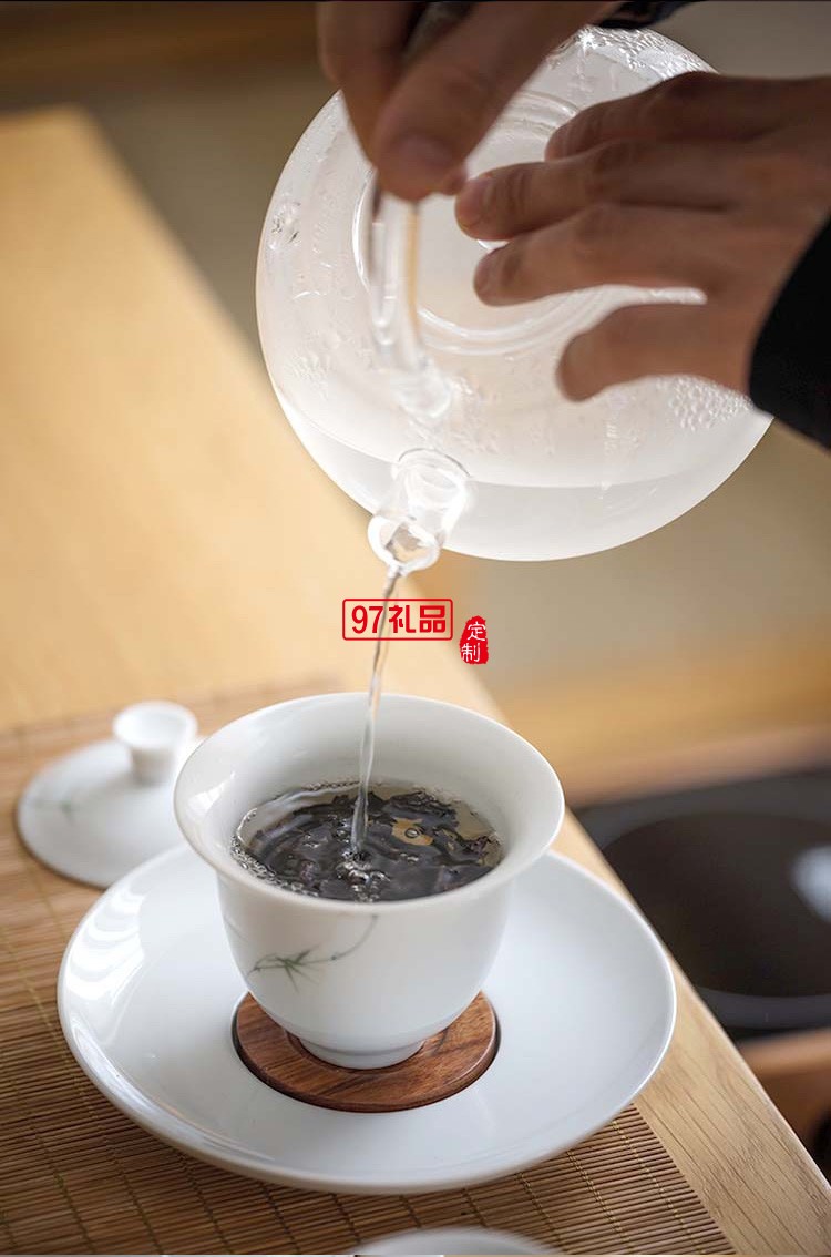 景德鎮青竹功夫茶具套裝 純手繪釉下彩整套白瓷陶瓷蓋碗茶杯