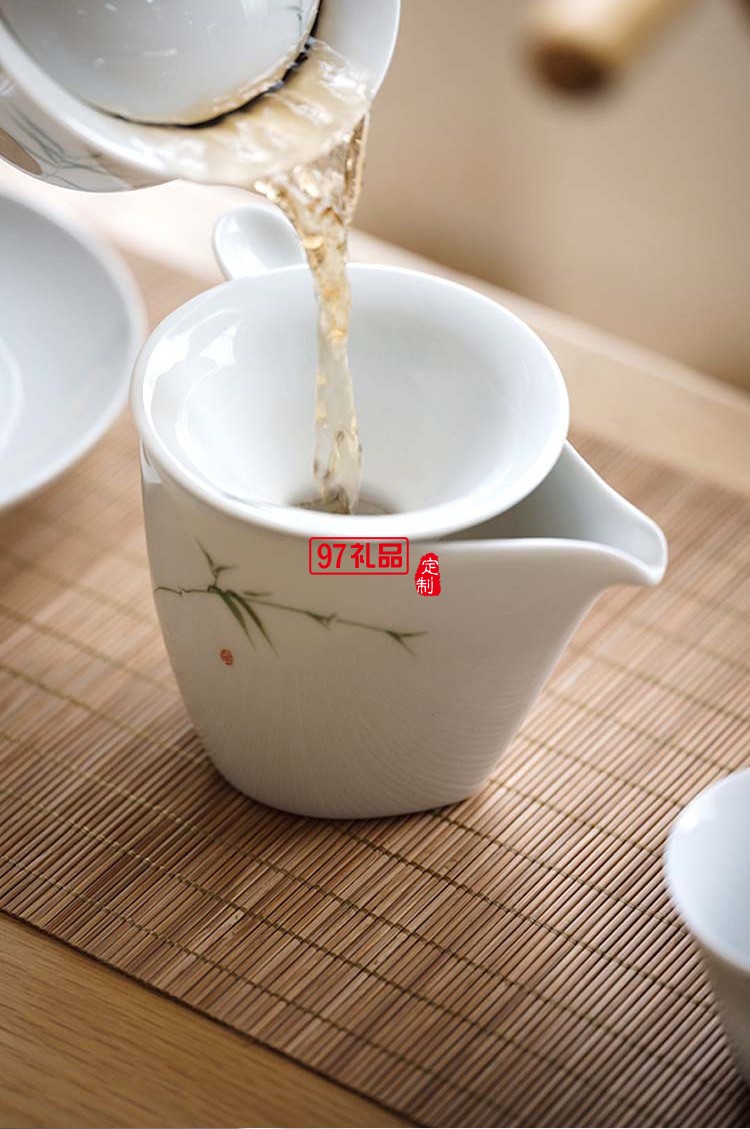 景德鎮青竹功夫茶具套裝 純手繪釉下彩整套白瓷陶瓷蓋碗茶杯