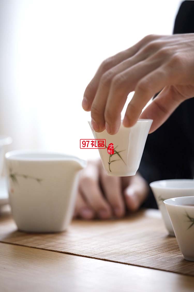 景德鎮青竹功夫茶具套裝 純手繪釉下彩整套白瓷陶瓷蓋碗茶杯