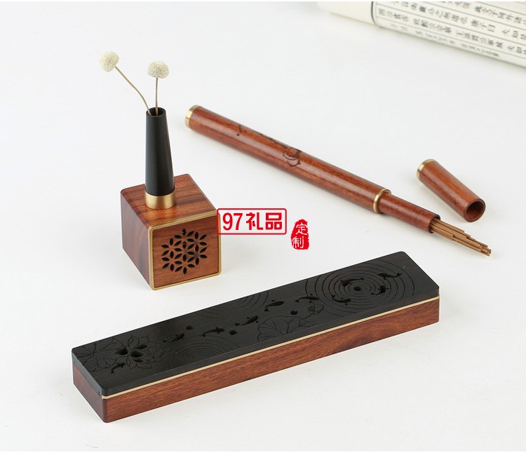 紅木質線香臥香爐 小型銅木音響