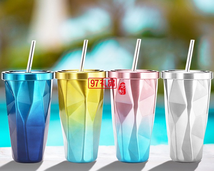 定制不規則雙層304不銹鋼吸管杯水杯子冰杯咖啡杯冰霸杯禮品