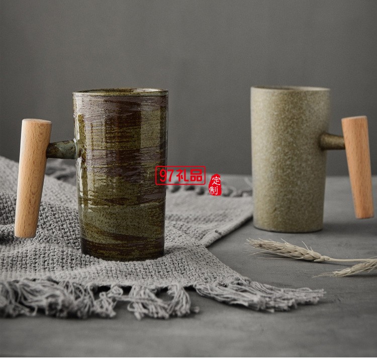 創意日式咖啡杯手工粗陶復古木柄馬克杯家用陶瓷茶杯子辦公室水杯