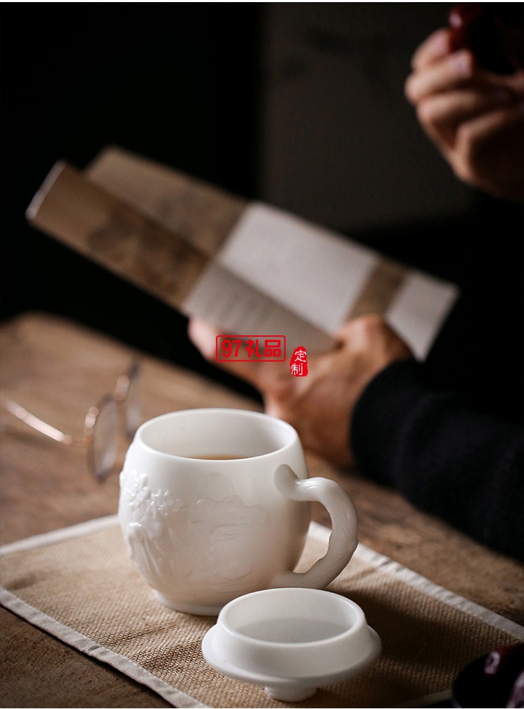 白瓷主人杯創意浮雕茶杯羊脂玉茶具高檔個人水杯一件logo刻字