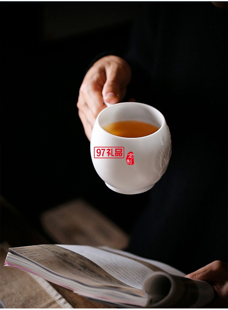 白瓷主人杯創意浮雕茶杯羊脂玉茶具高檔個人水杯一件logo刻字