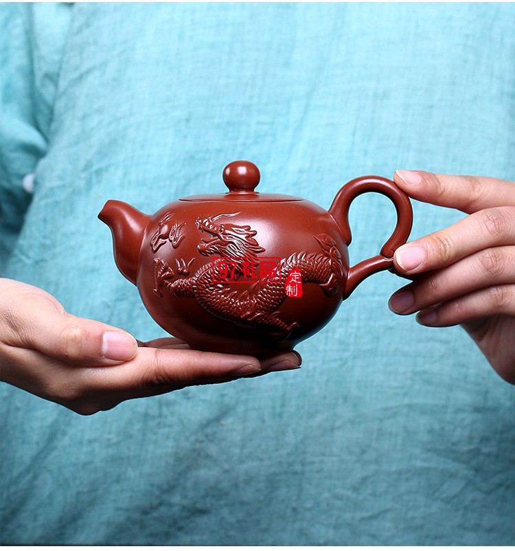 紫砂茶套壺原礦大紅袍立體小龍鳳紫砂壺高檔商務禮品定制