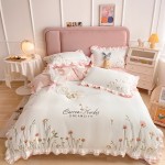 公主風全棉繡花四件套純棉花卉刺繡小清新花邊被套床上用品