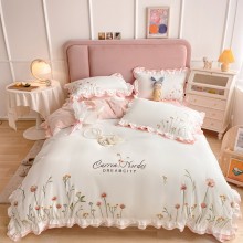 公主風全棉繡花四件套純棉花卉刺繡小清新花邊被套床上用品
