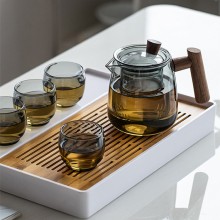 煙榭壺套裝 玻璃泡茶壺 茶水分離器耐高溫過濾木把側把壺