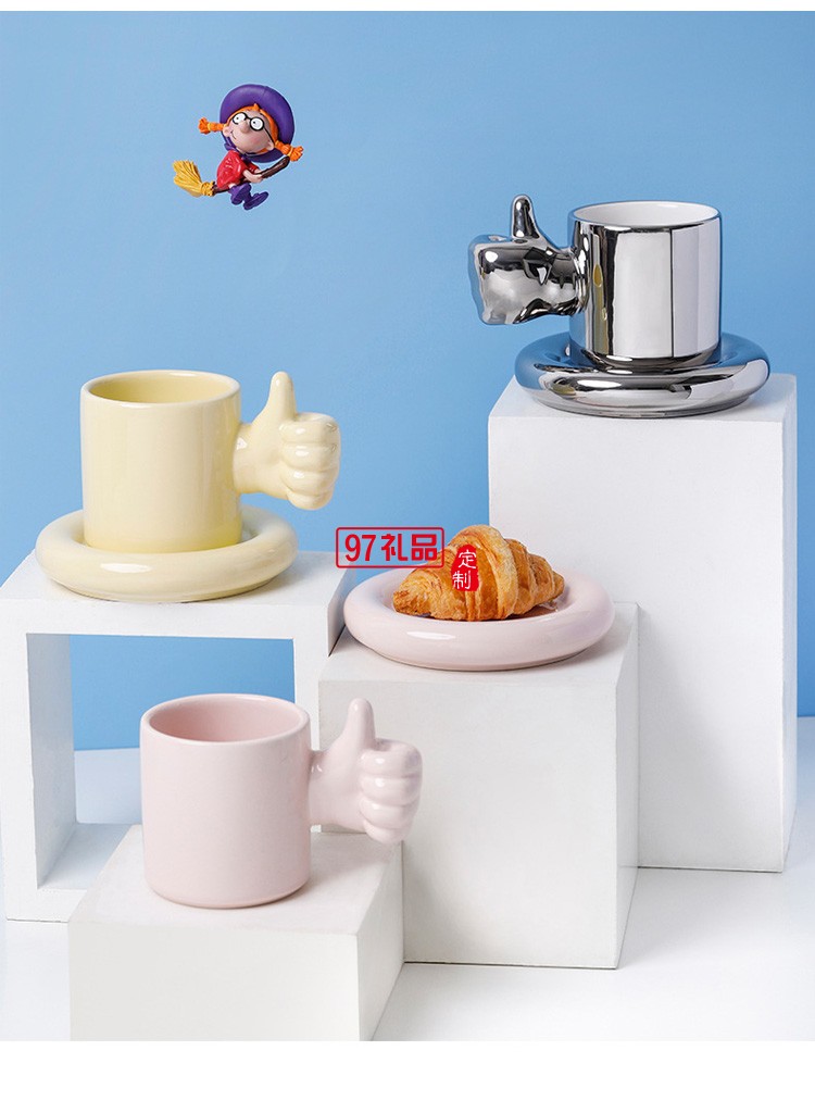 陶瓷馬克杯創意大拇指點贊杯 個性佼佼者杯奧利給咖啡杯碟彩盒