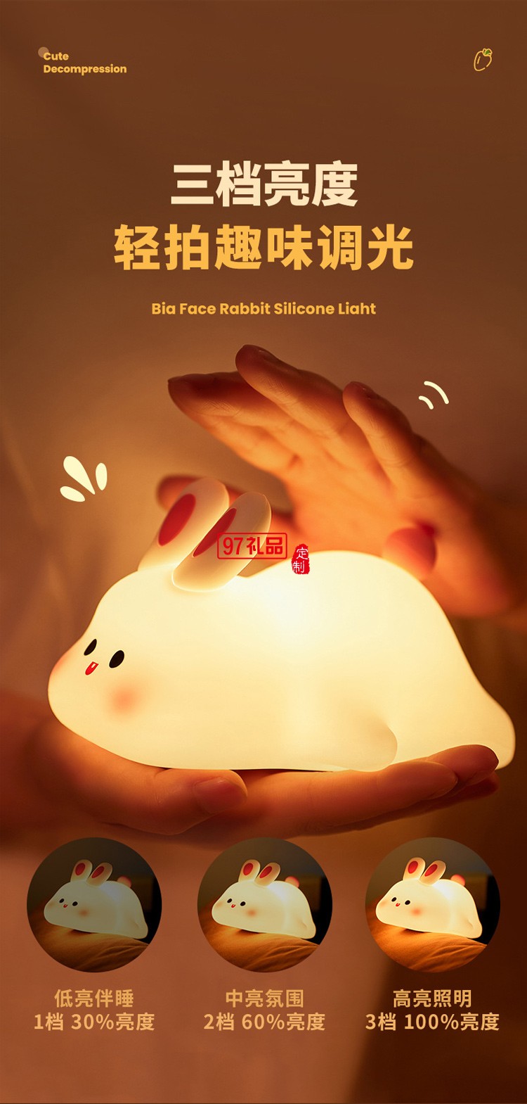 萌寵大臉兔硅膠燈USB節日禮物小夜燈擺攤夜市臥室床頭伴睡小夜燈