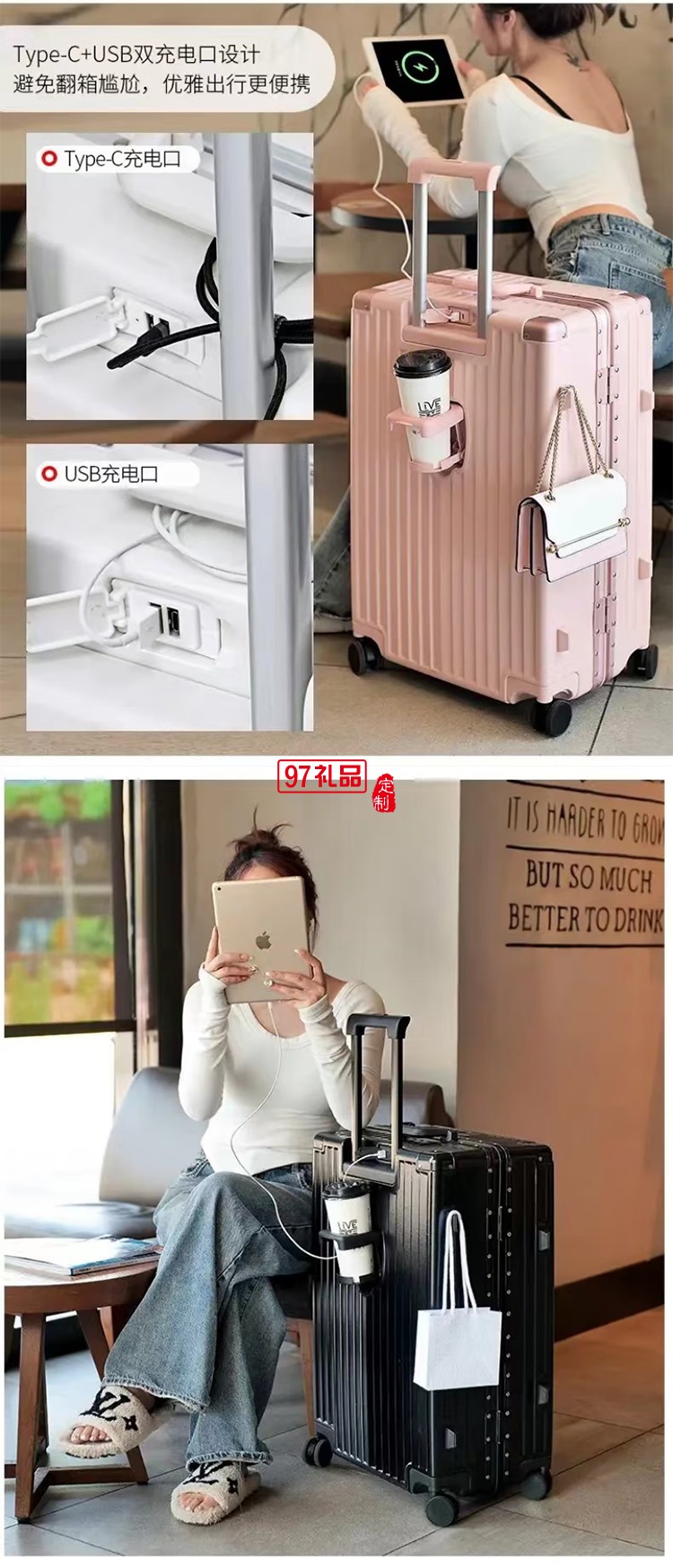 途幫（TOBOOG）多功能鋁框行李箱女輕音萬向輪包角防撞男卡扣密碼拉桿