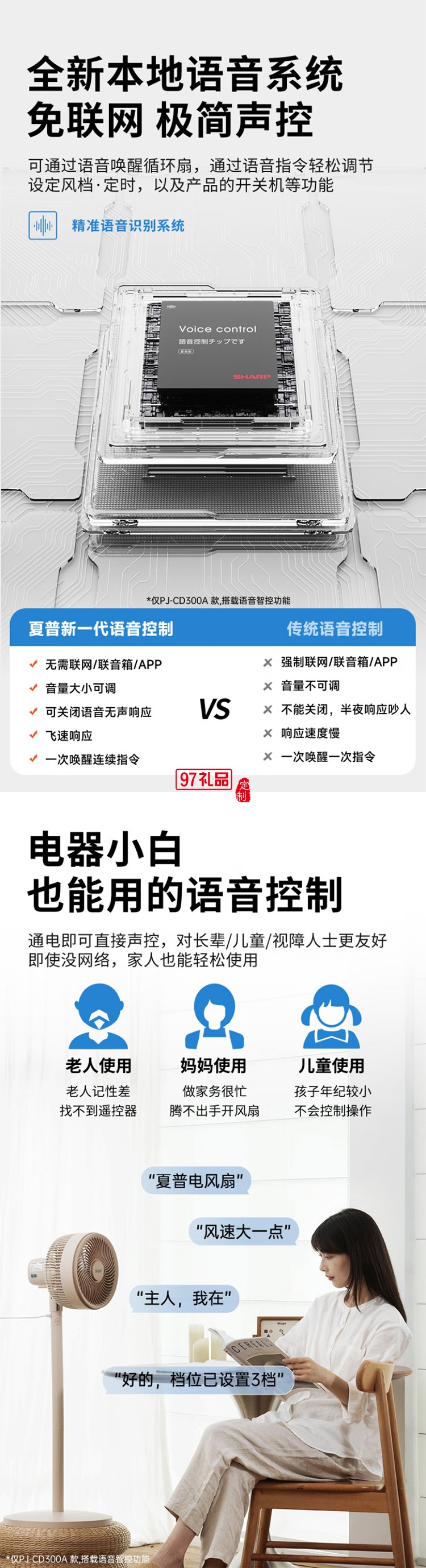夏普空氣循環扇語音遙控家用臺地兩用扇低噪電風扇搖頭渦輪對流大風力風扇